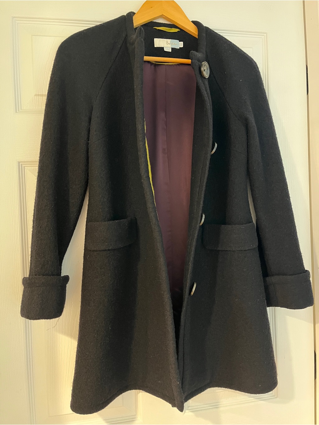 Boden Black Size 4 Nwot 100% Wool Coat Dark Purple Lining And Lovely